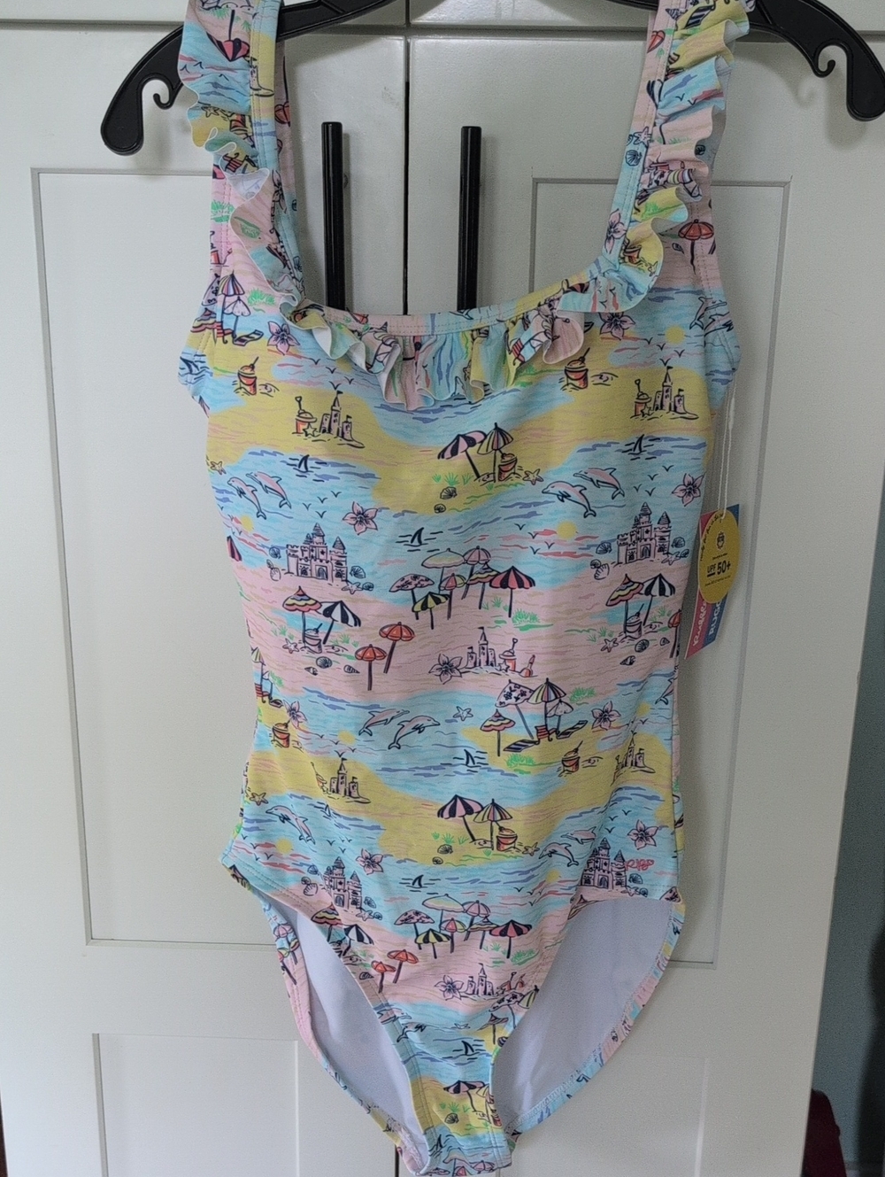 Ruffle Butts New With Tags Pastel Beach Print Ruffled One-Piece Swimsuit Sz M